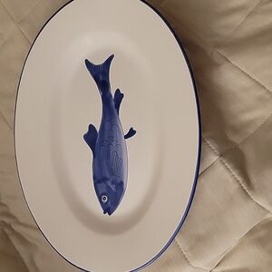 Koi Fish Serving Platter. Features a  Blue & White Handpainted Fish Design.